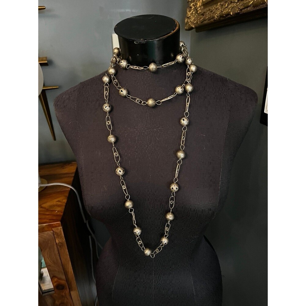Silver plated Beaded Chain Mexican Wedding Necklace 70” Boho Jewelry filigree